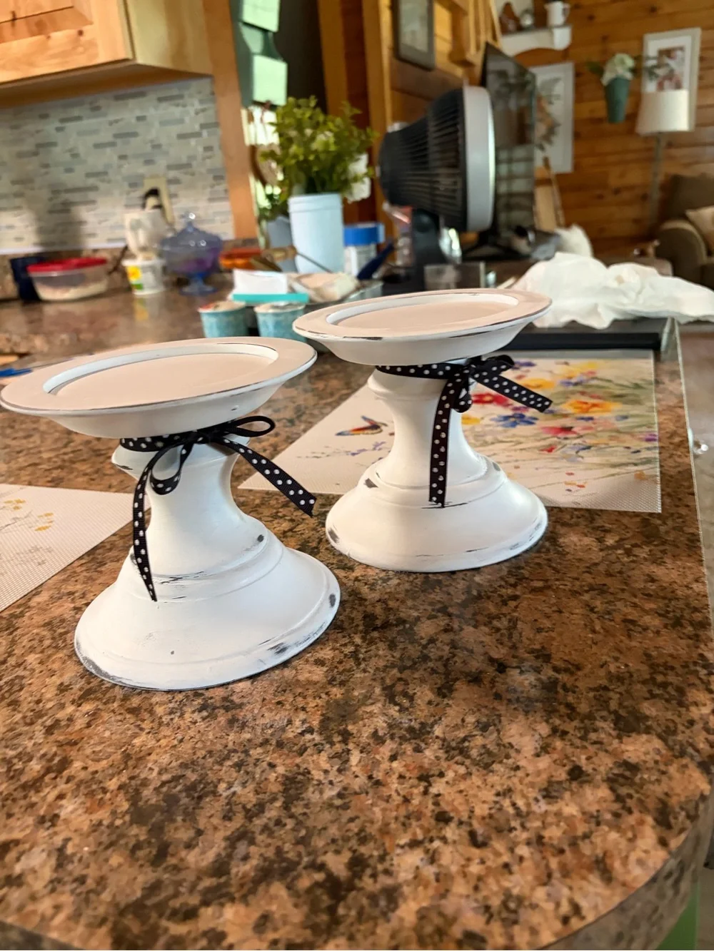Pottery Barn White Distressed Pedestal Candle Holders (Pair)